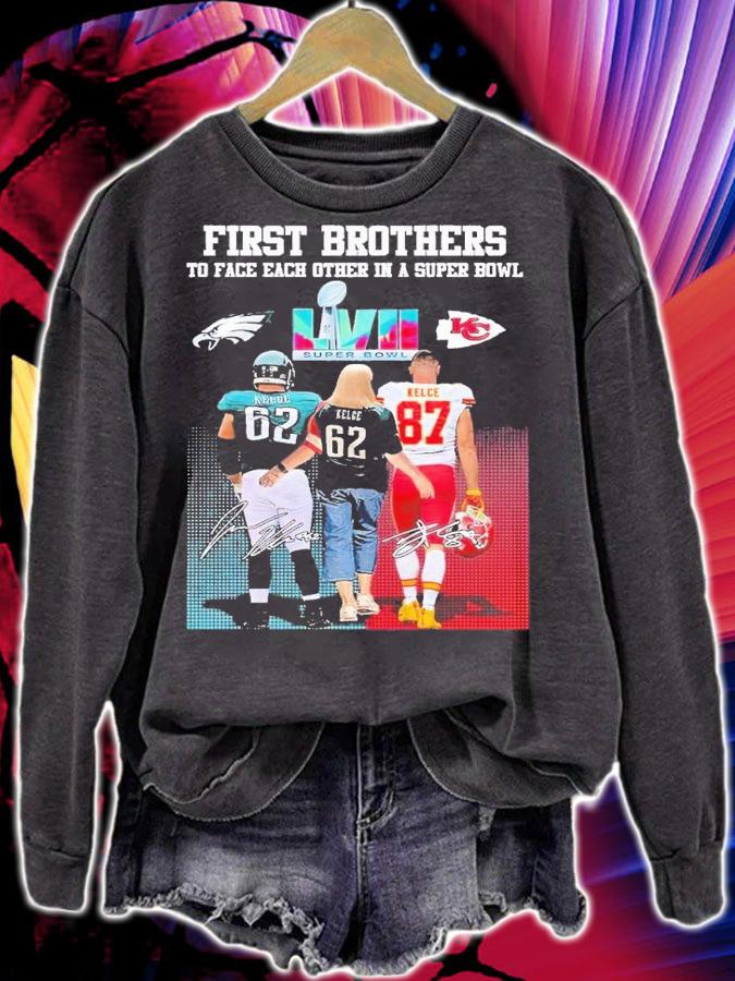 First brothers to face each other in a Super Bowl Jason Kelce Donna Kelce Travis Kelce signatures shirt t-shirt sweatshirt
