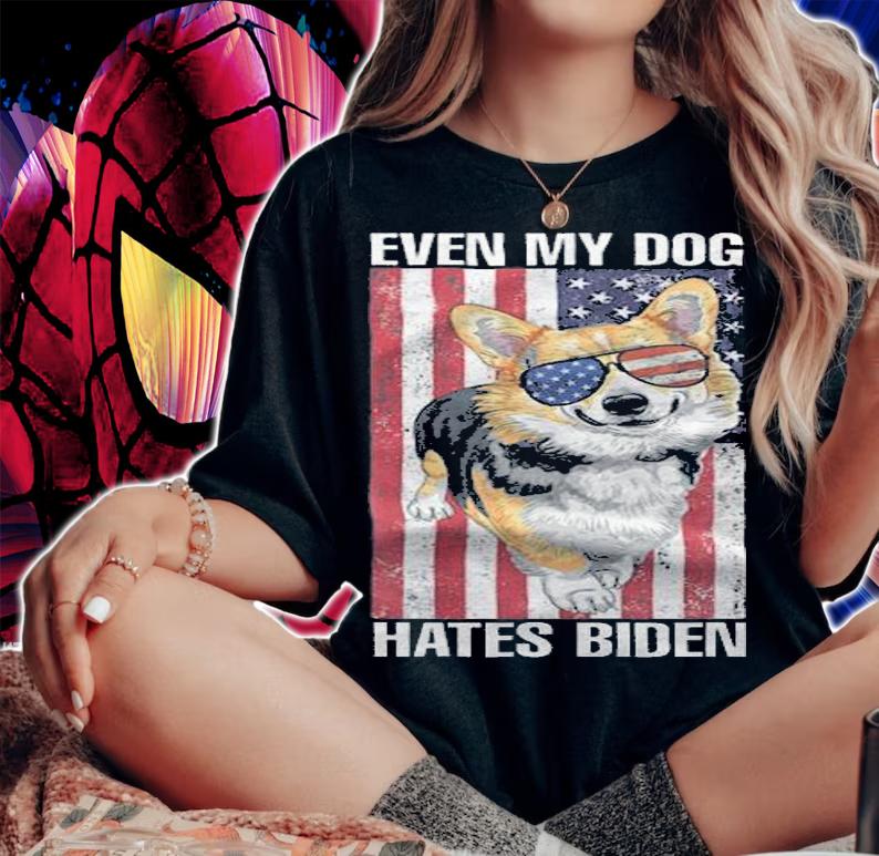 Even My Dog Hates Biden Funny Corgi Anti Liberal USA Flag T-Shirt t-shirt woman shirt