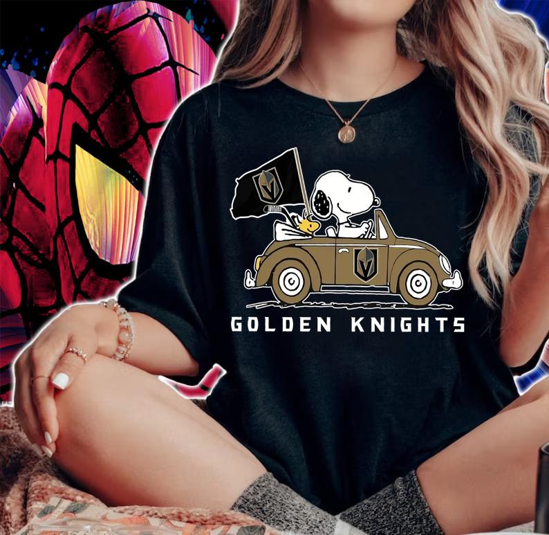 Snoopy And Woodstock Driving Car Vegas Golden Knights Flag t-shirt woman shirt