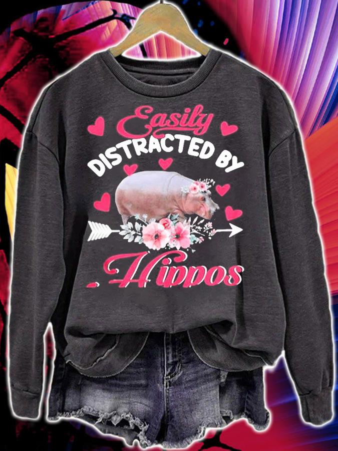 Easily Distracted By Hippos Cute Floral Flower Hippo T-Shirt sweatshirt