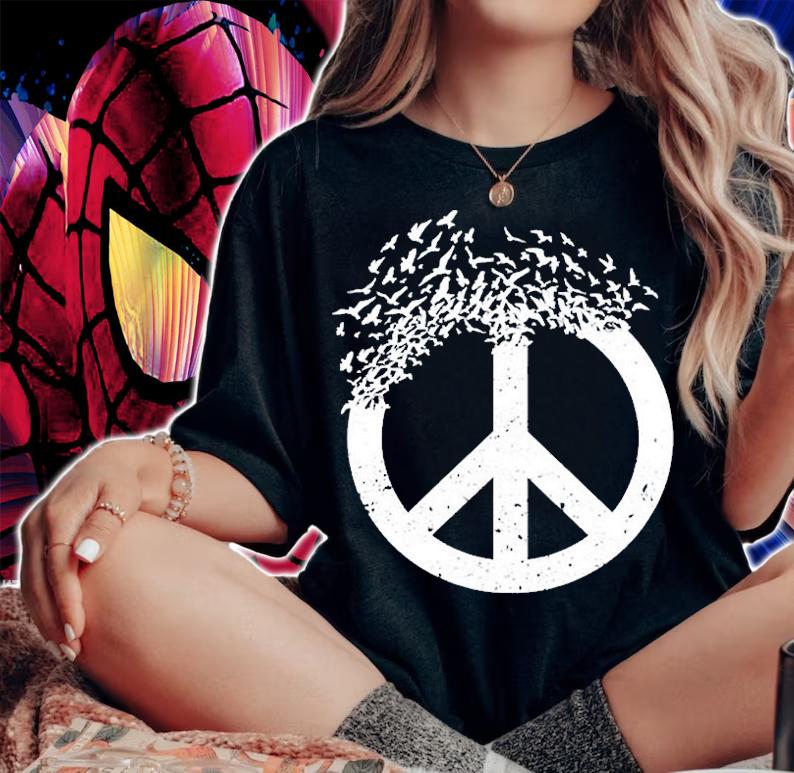 Womens Dove Birds Peace Sign Hippies Doves 70S Retro White T-Shirt woman shirt