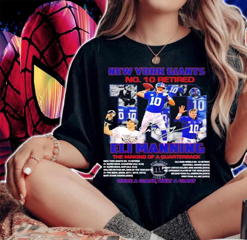 New York Giants no 10 retired Eli Manning signature shirt