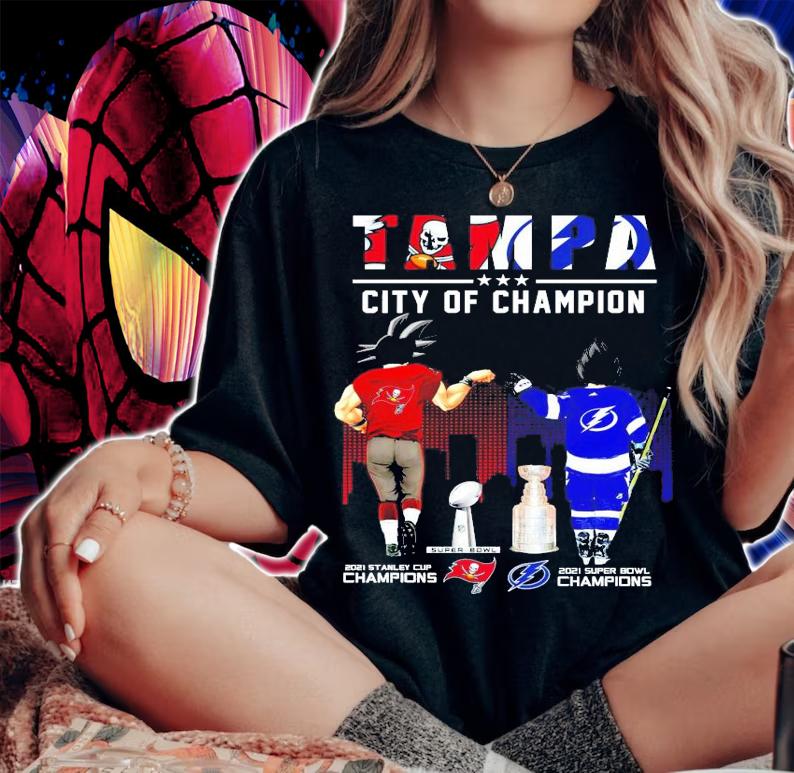 Goku Tampa Bay Buccaneers And Vegeta Tampa Bay Lightning Tampa Bay City Of Champions Shirt woman shirt