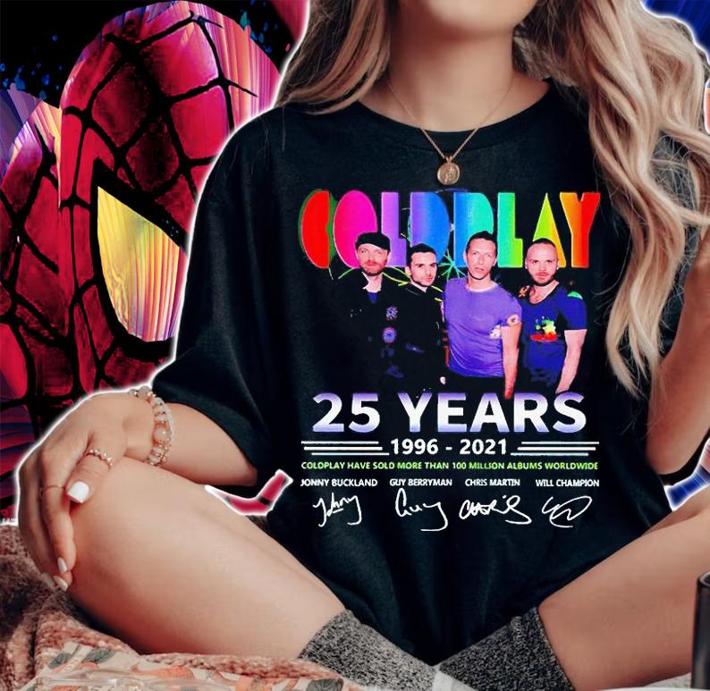 Coldplay Band 25 years 1996-2021 thank You for the memories signatures T-shirt