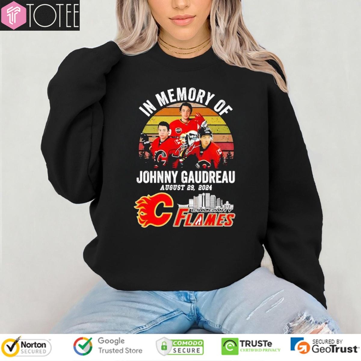 In Memory Of Johnny Gaudreau Calgary Flames Signature Vintage Sunset Sweatshirt